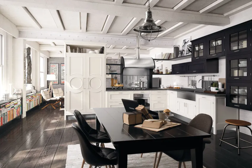 Отличный акцент в дизайне белой кухни – черная столешница