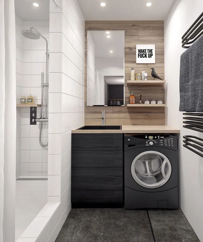 дизайн ванны комнаты со стиральной машиной и душевой без унитаза