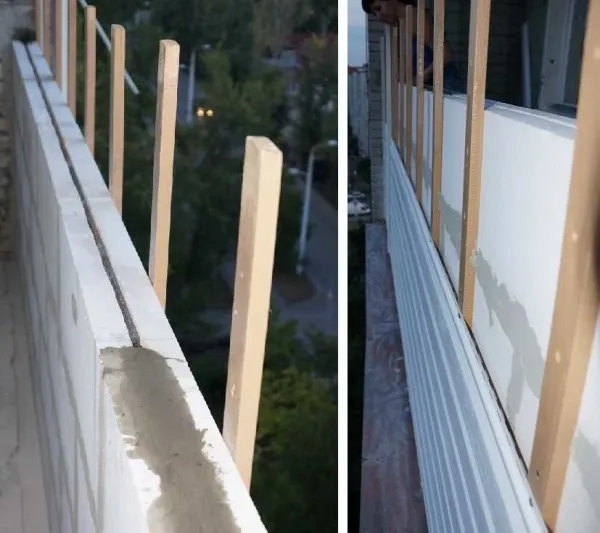 Перегородка на балконе из газобетонных блоков. Видна арматура (на фото слева). Параллельно монтировались снаружи деревянные планки, на которые крепился садйнг