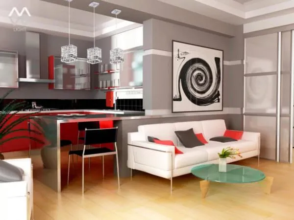 Чтобы отделить зону кухни от гостиной, можно использовать мебель, перегородки, барные стойки и даже аксессуары.
