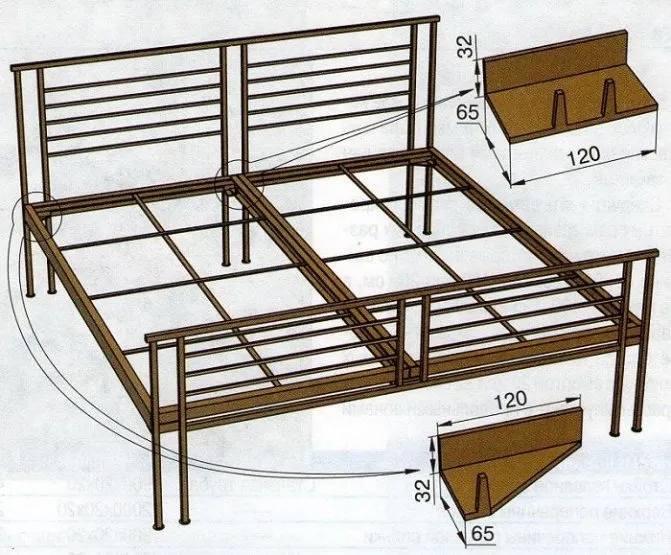 Схема двуспальной кровати из металла.