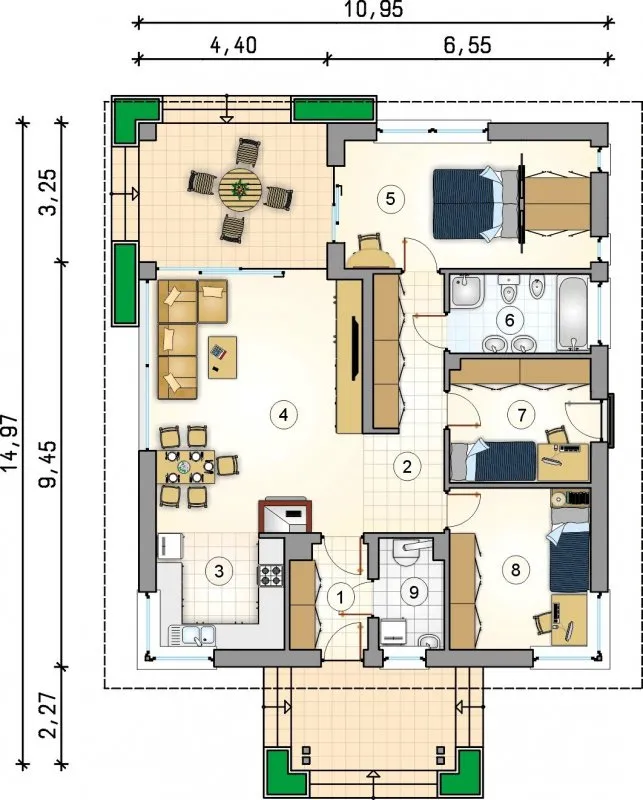 Одноэтажный коттедж планировка